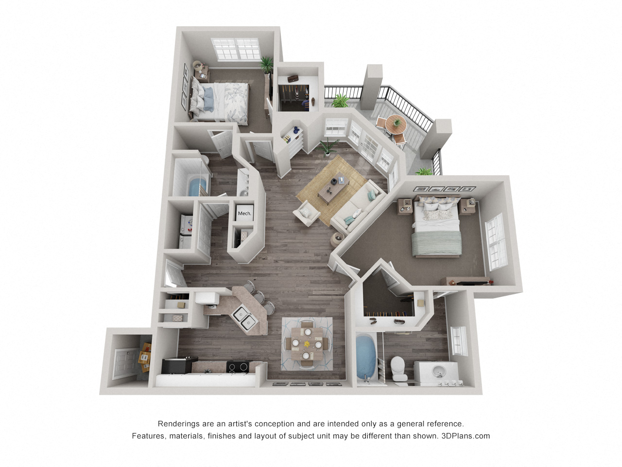Floor plan for 2 beds, 2 baths, 1137 sqft